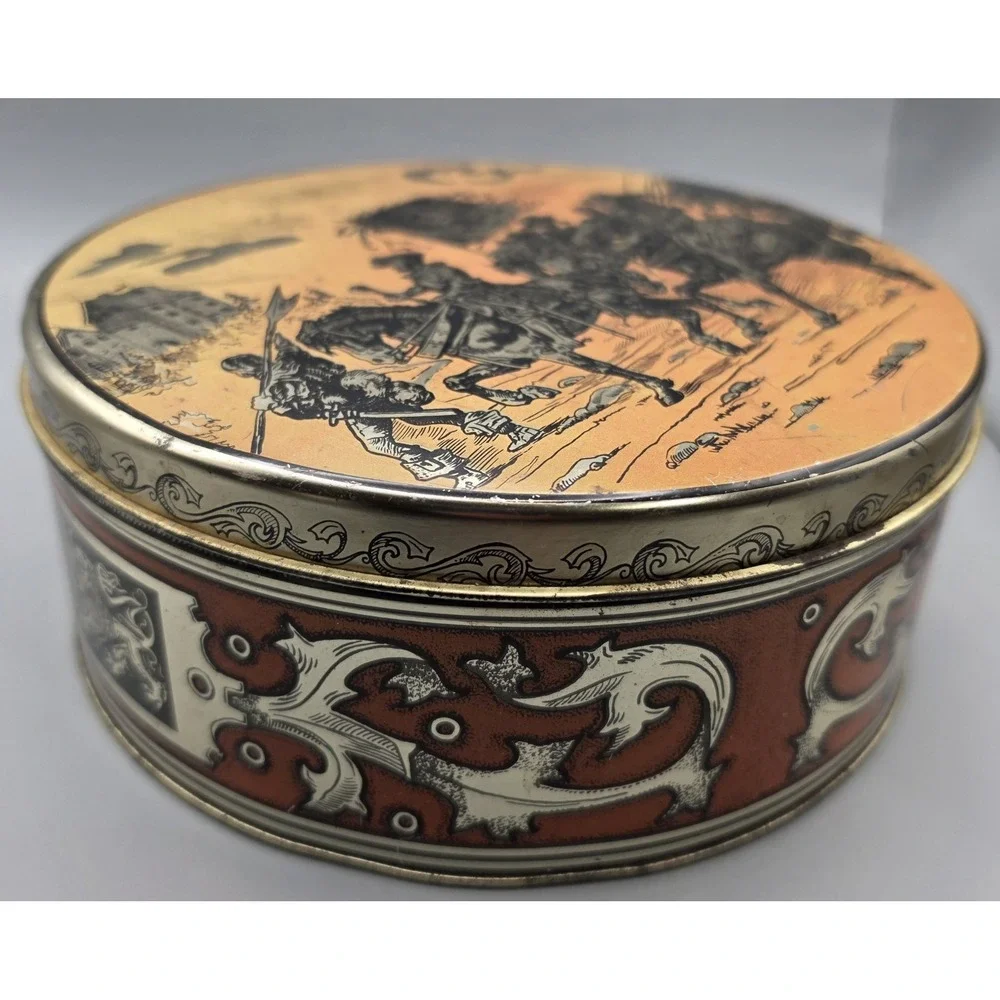 Vintage Round Metal Tin Medieval Knights Horse Procession Decorative 8” Storage